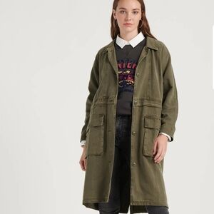 Lucky Brand Olive Long Washed Utility Jacket Duster Trench Dark Green XS